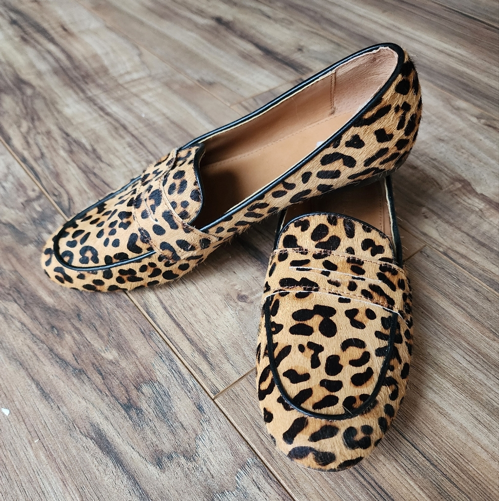 J. Crew Tan & Black Leopard Print Calf Hair Slip On Loafers